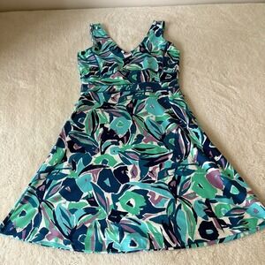 Title Nine Dream V Neck Dress Women's XS Turquoise floral Athlesiure Mini Tennis